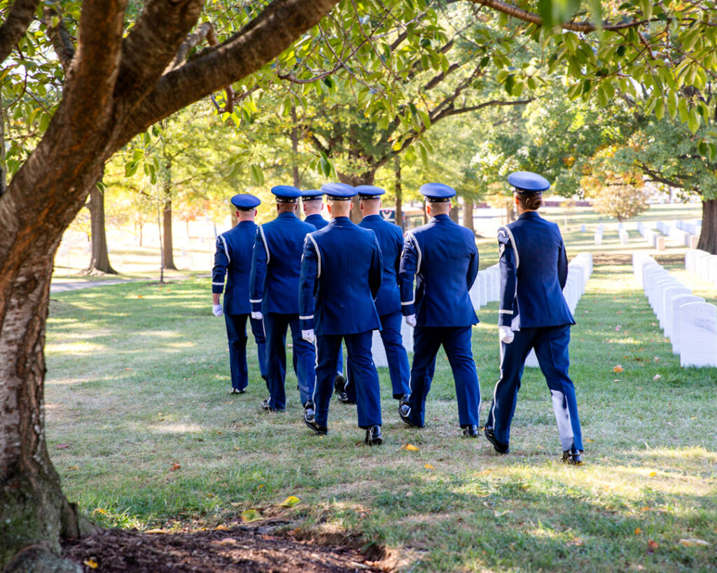 Soldiers marching in formation at Arlington National Cemetery funeral